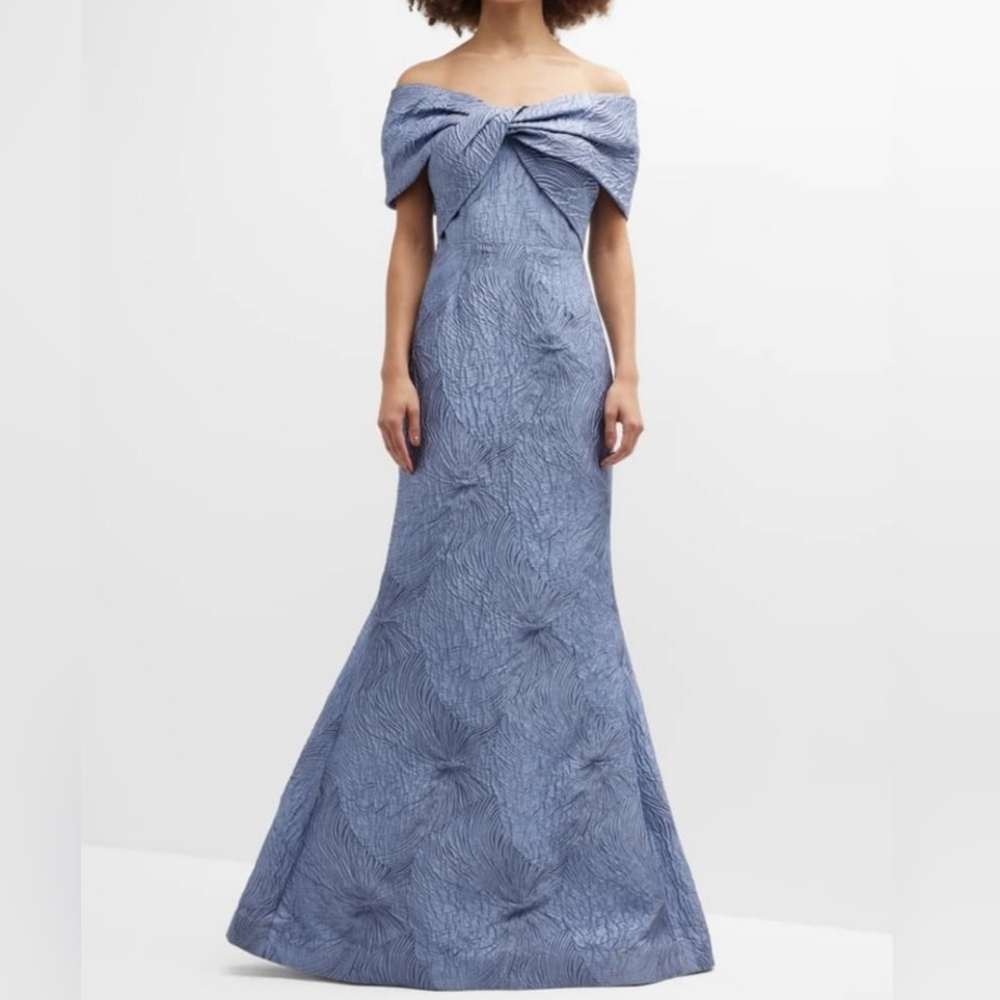 Teri Jon 206026 Slate Jacquard Off-Shoulder Bow Gown NWT Size 6